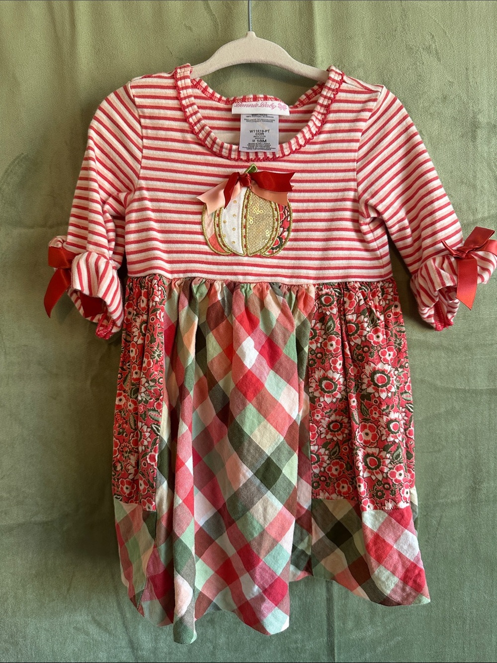 #950 Bonnie Baby Red Pink Green Striped & Plaid Pumpkin Dress handmade